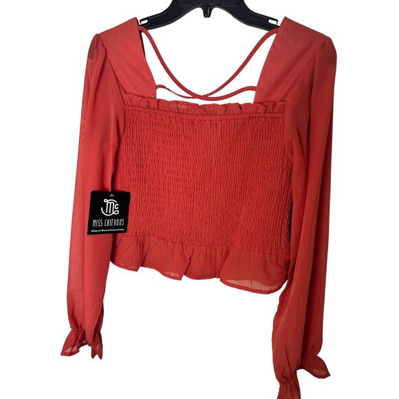 Miss Chievous Coral Smocked Long Sleeve Top With Ruffle Hem & Open Back Size L - Picture 2 of 6